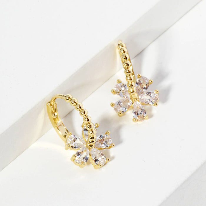 Cubic Zirconia Flower Drop 12mm Huggie Hoop Earrings