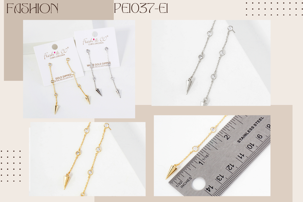 8K-Gold-Dipped Station Chain Drop Earrings with Spike Accent