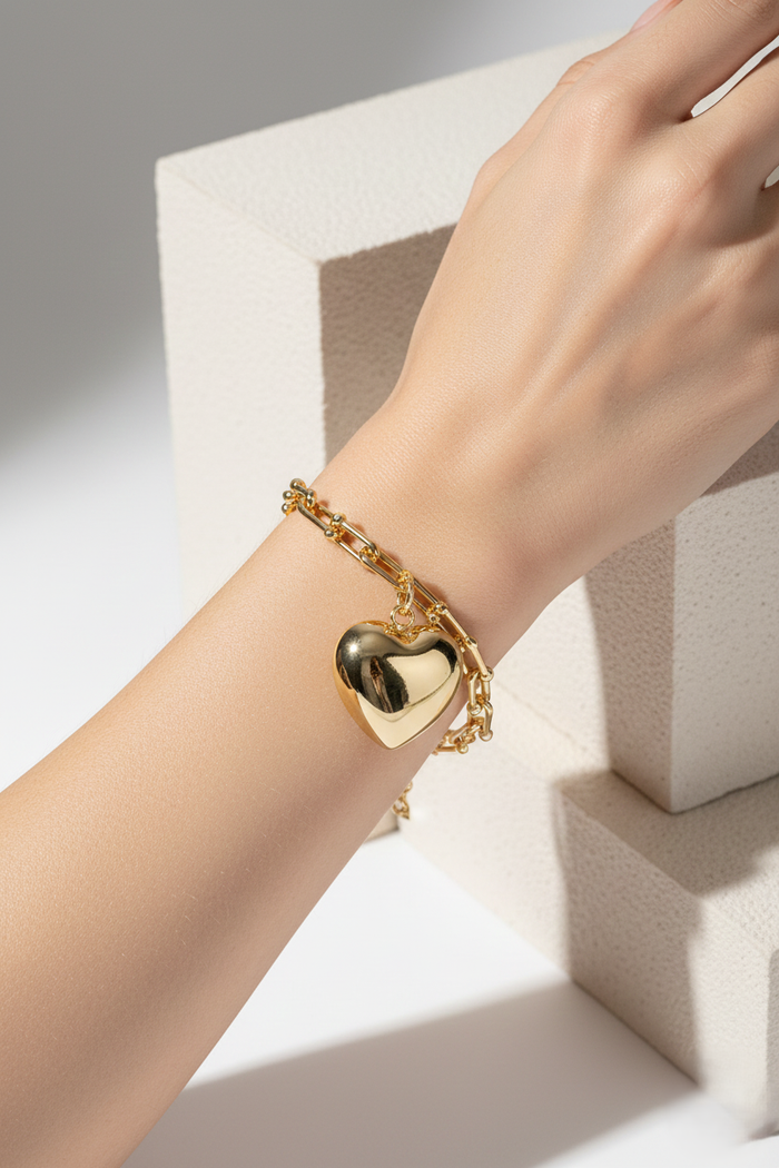 Puffy Heart Charm Link Chain Bracelet