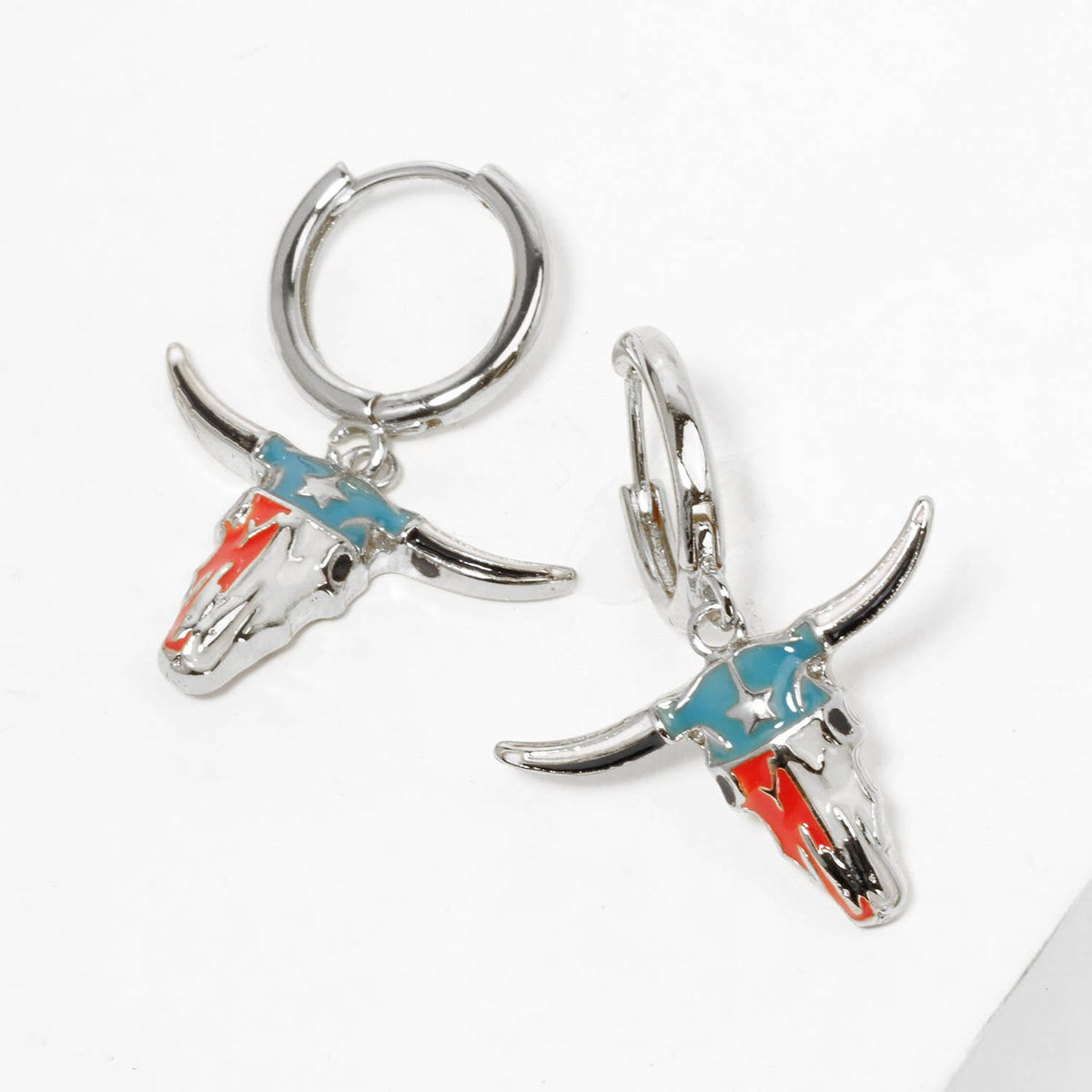 Enamel Western Bull Skull Huggie Hoop Earrings