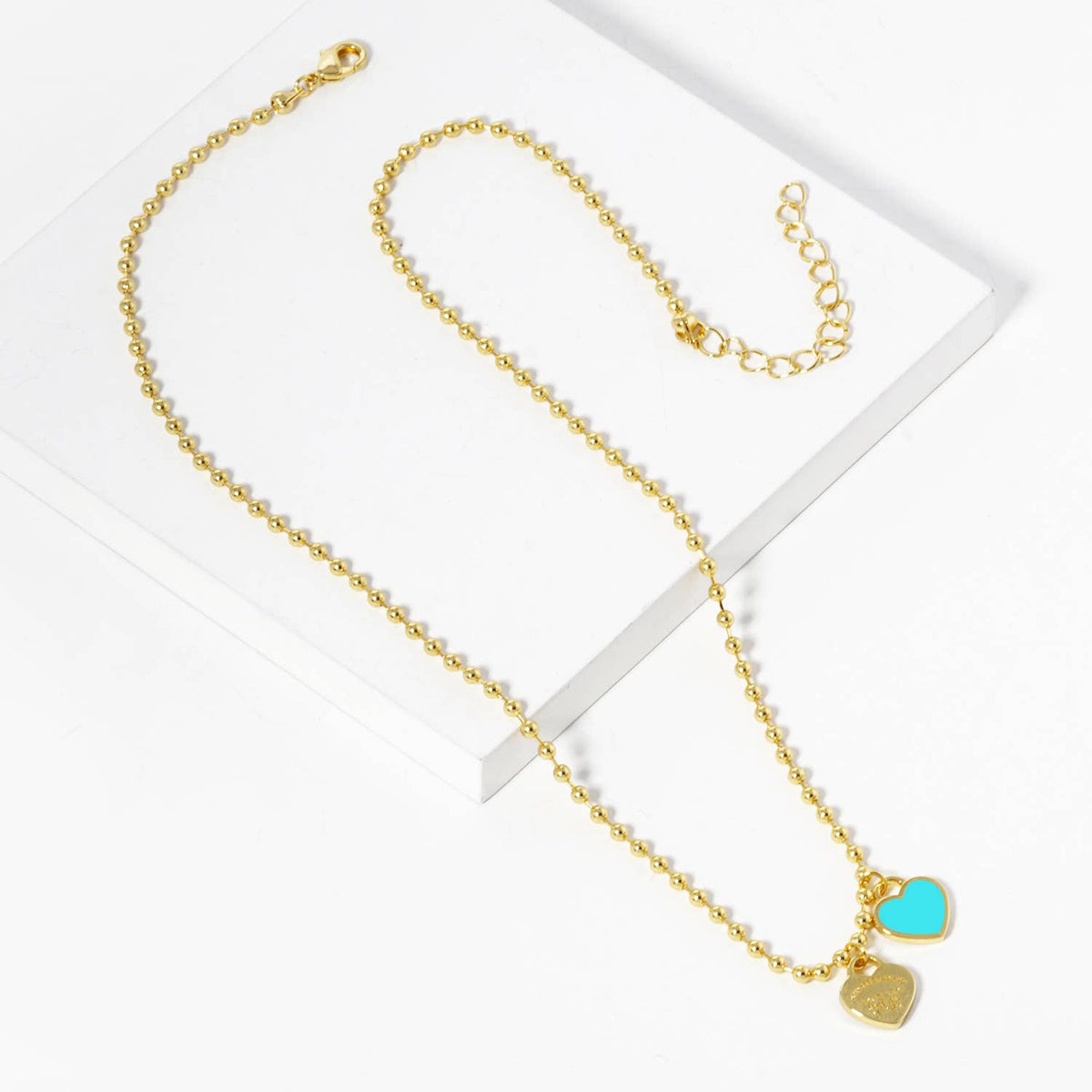 Double Heart Charm Bead Chain Necklace