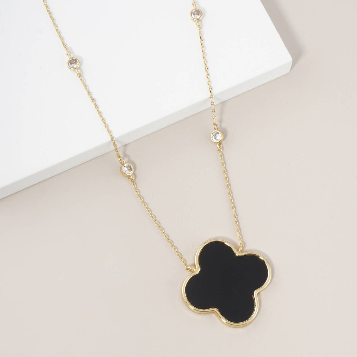 Quatrefoil Pendant CZ Stone Chain Necklace / 18K Gold Dipped