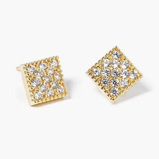 18K Gold Dipped CZ Pave Rhombus Stud Earrings