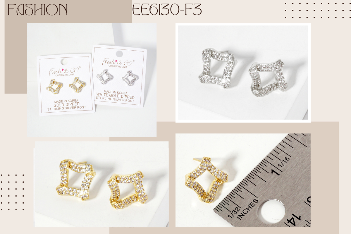Pave-Set Rhombus-Shaped 16mm 18K-Gold-Dipped Stud Earrings