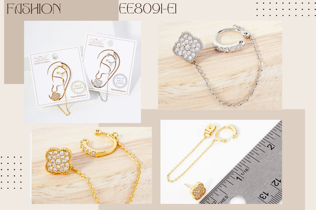 Quatrefoil Stud and Ear Cuff Drape Chain Earring Set