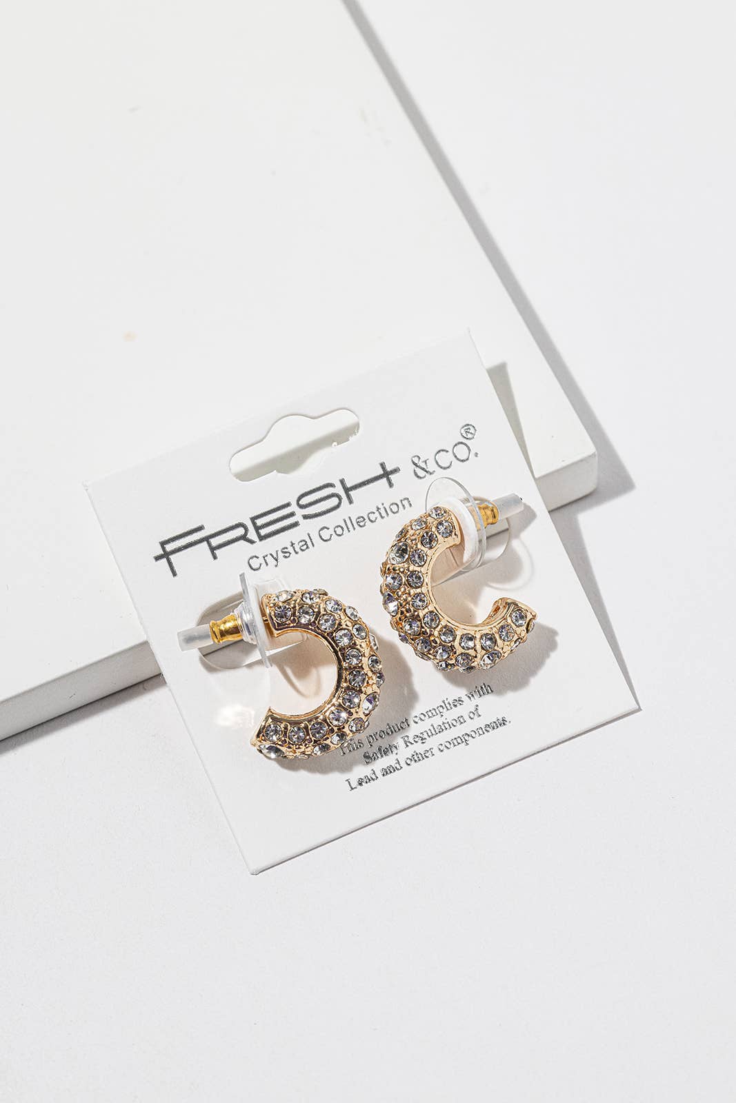 Crystal Half-Hoop Earrings – Pavé Dome Crescent, Gold