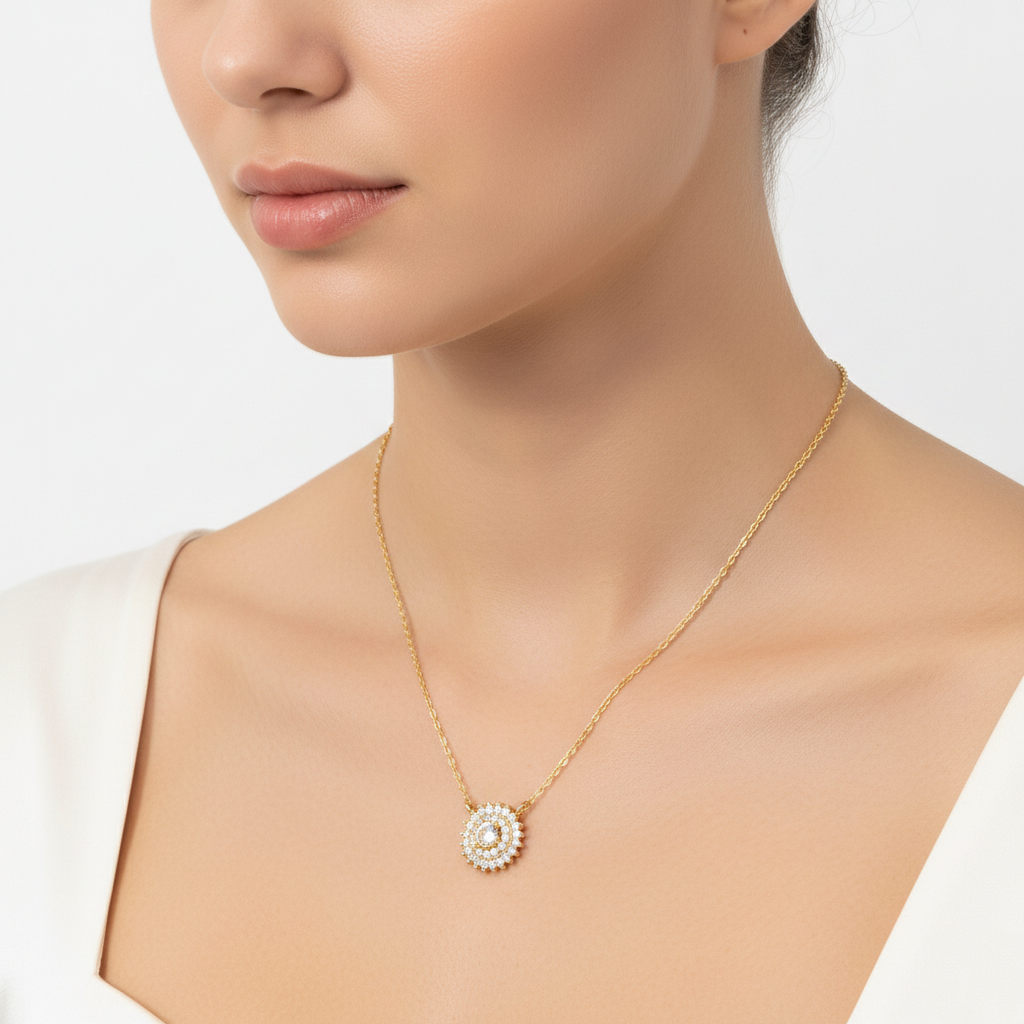 Cubic Zirconia Starburst Halo Pendant Necklace