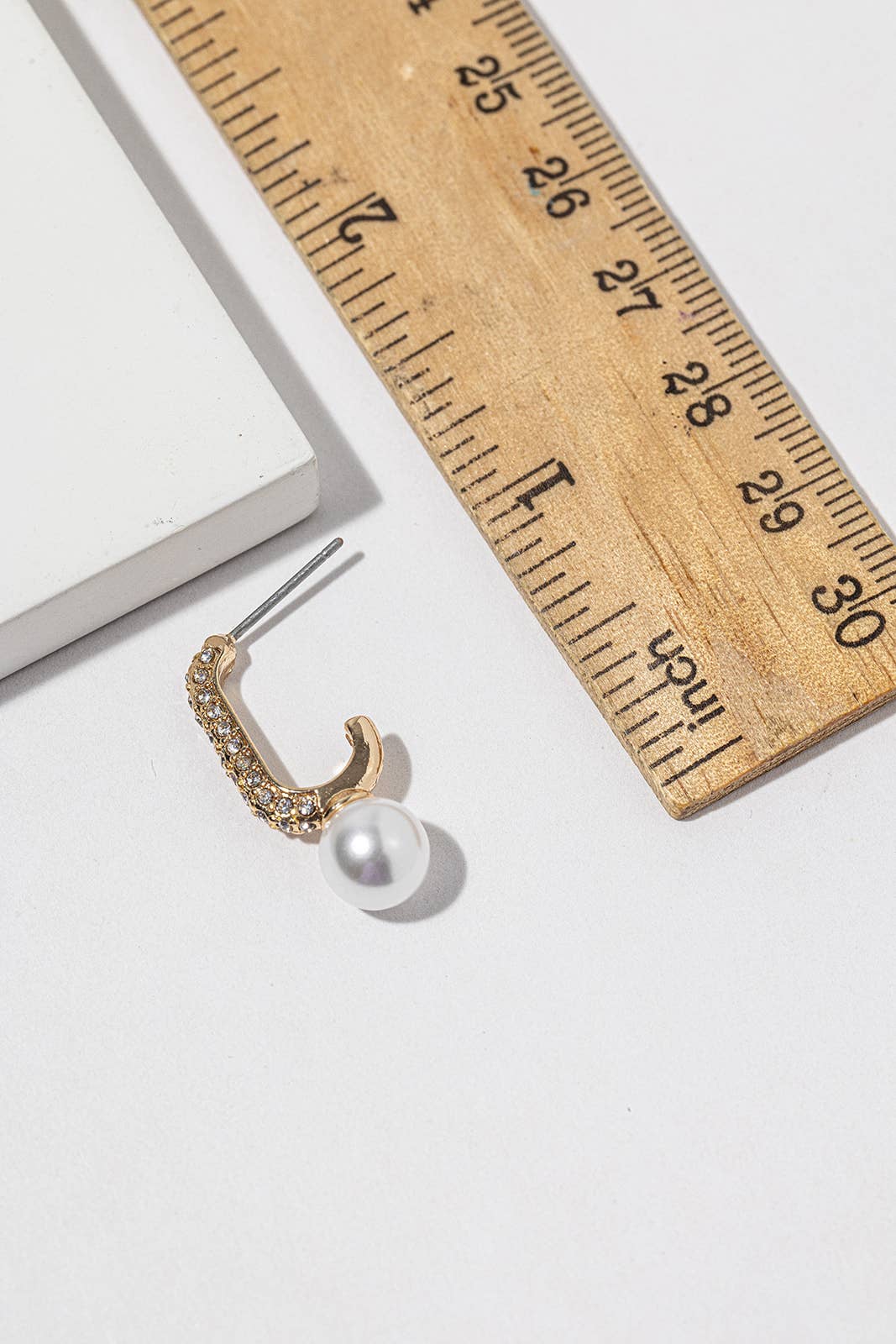 Crystal J-Hook Pearl Drop Earrings – Pavé Curve with Pearl