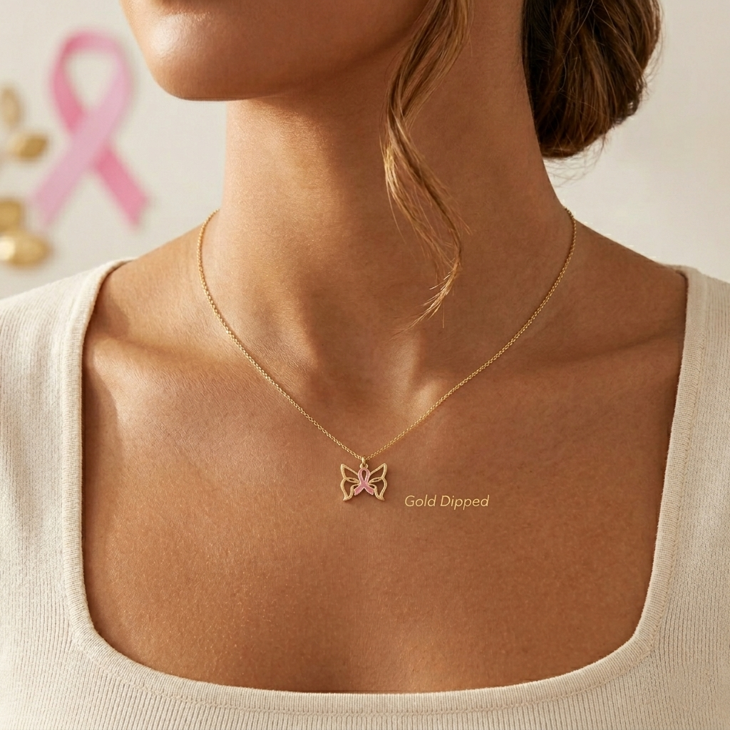 Breast Cancer Awareness Butterfly Wing Ribbon Necklace