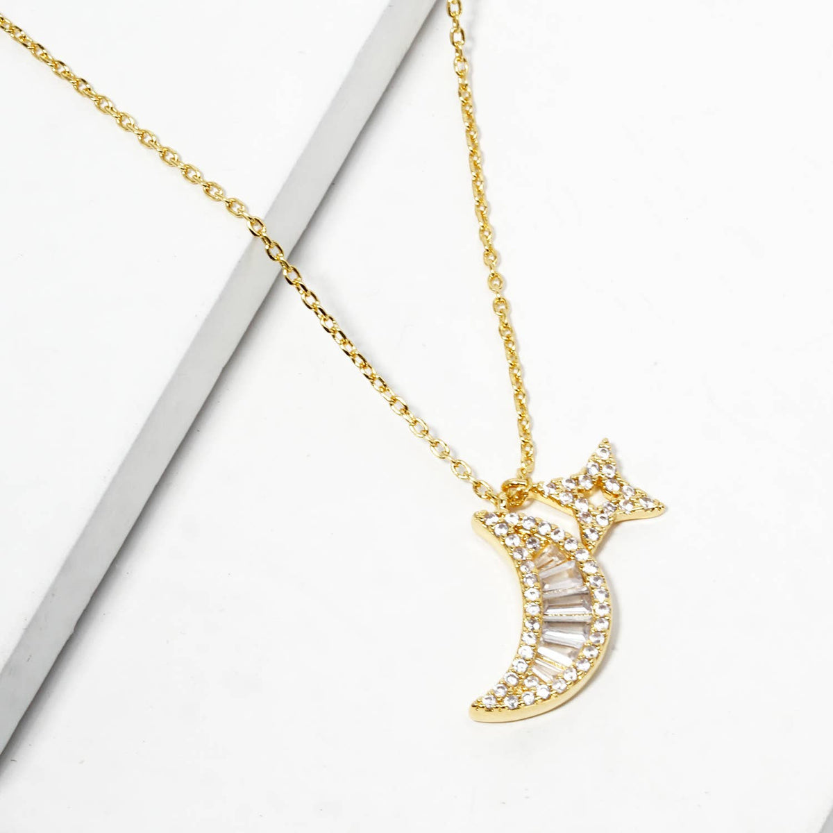18K Gold Dipped CZ Pave Crescent Moon Pendant Necklace