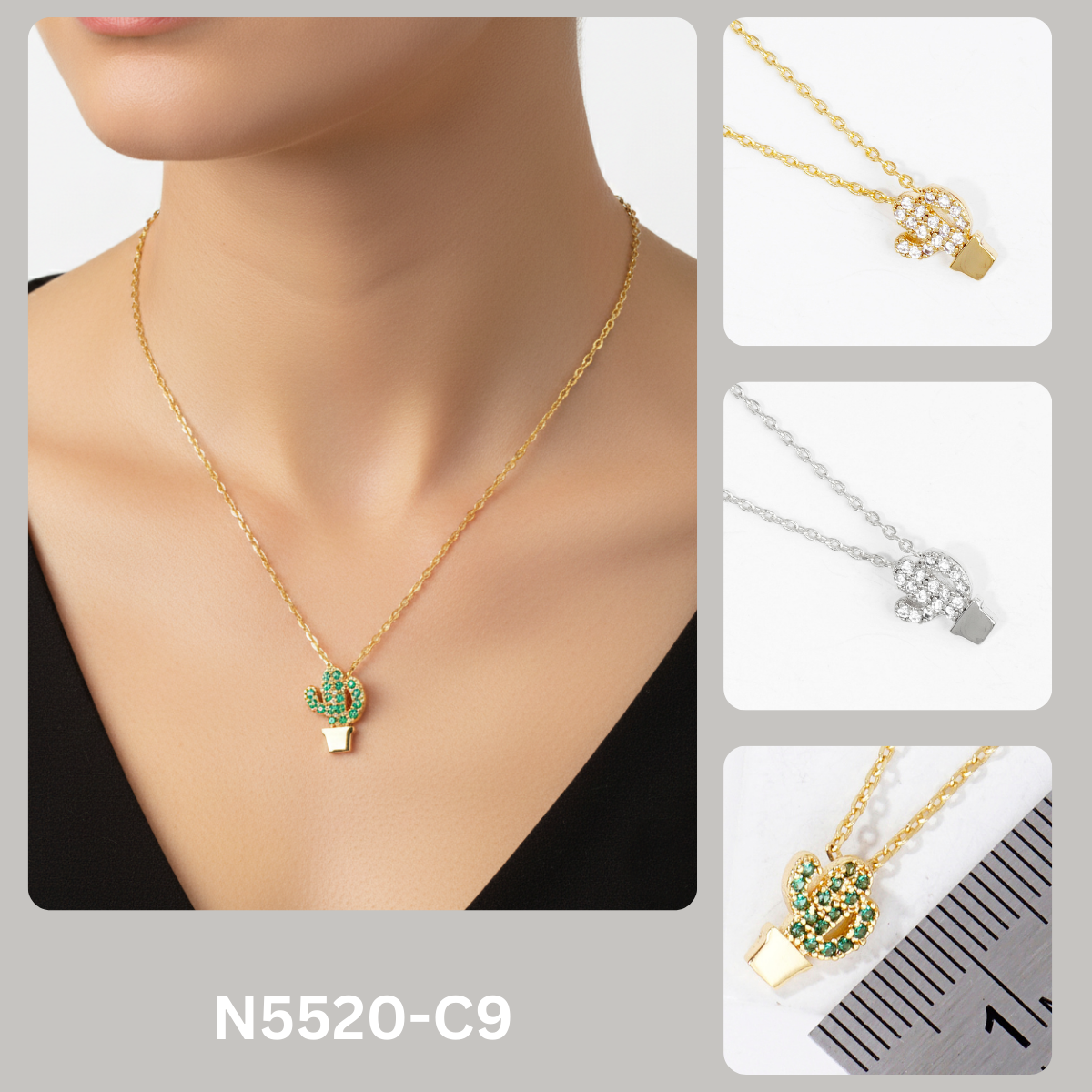 Dainty Crystal Potted Cactus Pendant Necklace