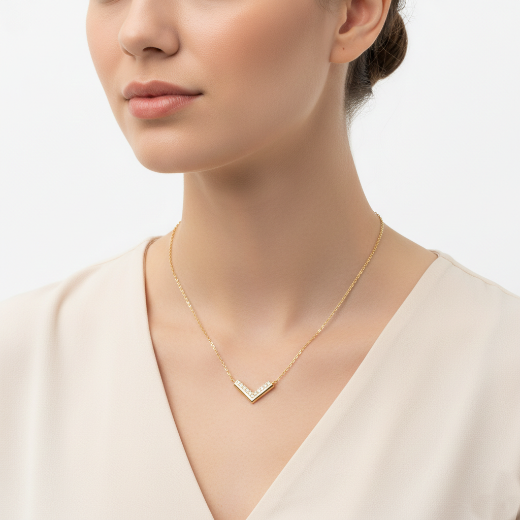 Minimalist Crystal Pave V-Shaped Pendant Necklace