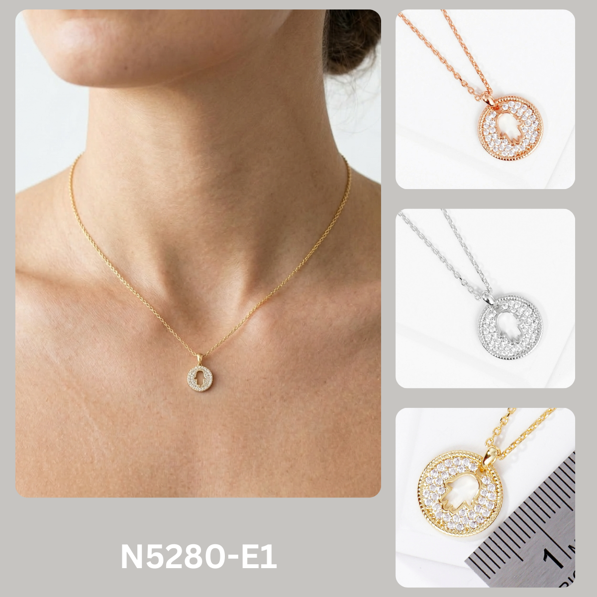 Pave CZ Disc Hamsa Hand Pendant Necklace
