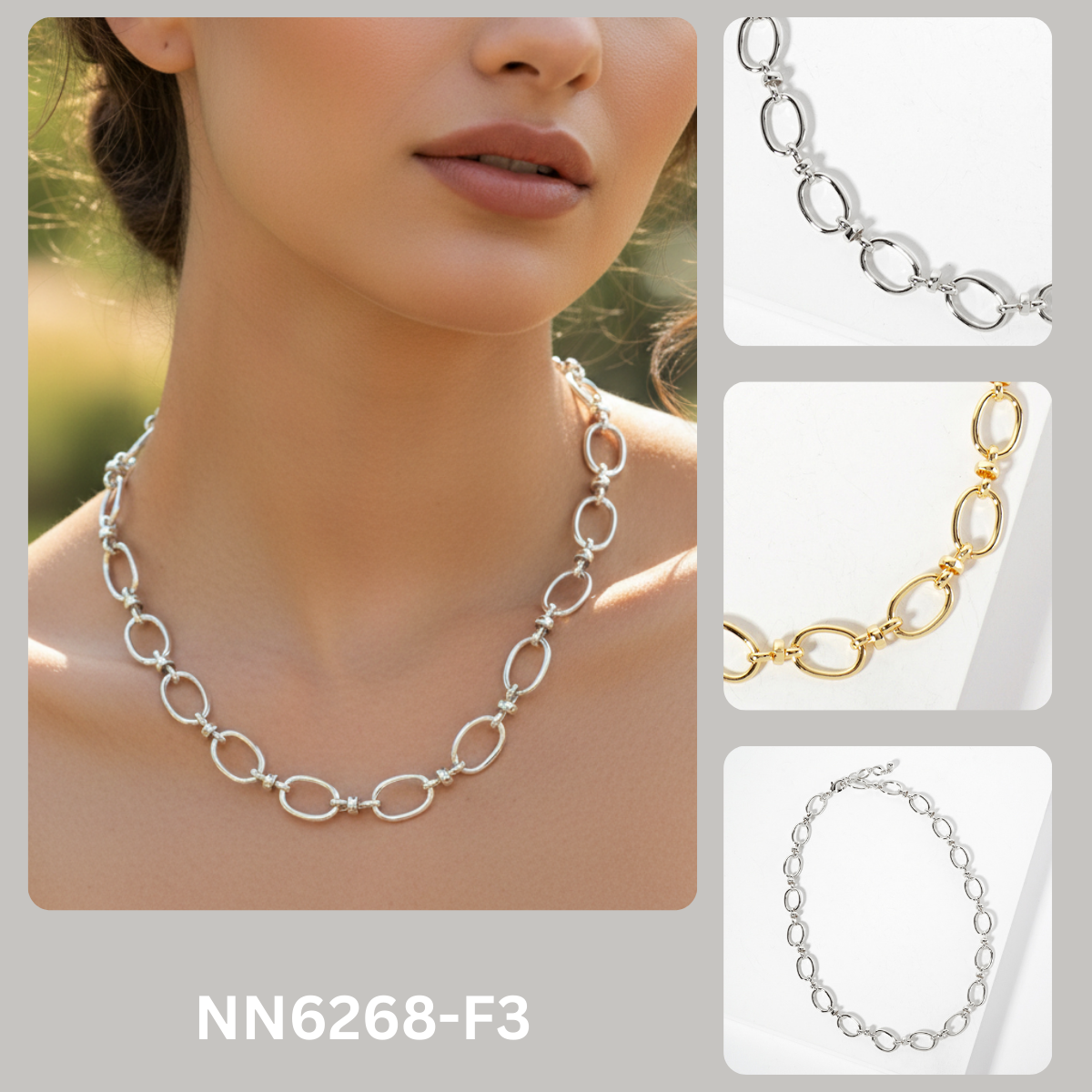 Oval-Shaped Polished Brass Chain Necklace