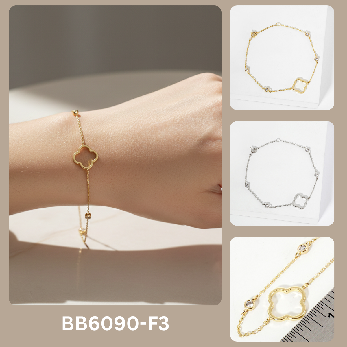 18K 15mm Quatrefoil Cutout CZ Stone Chain Bracelet
