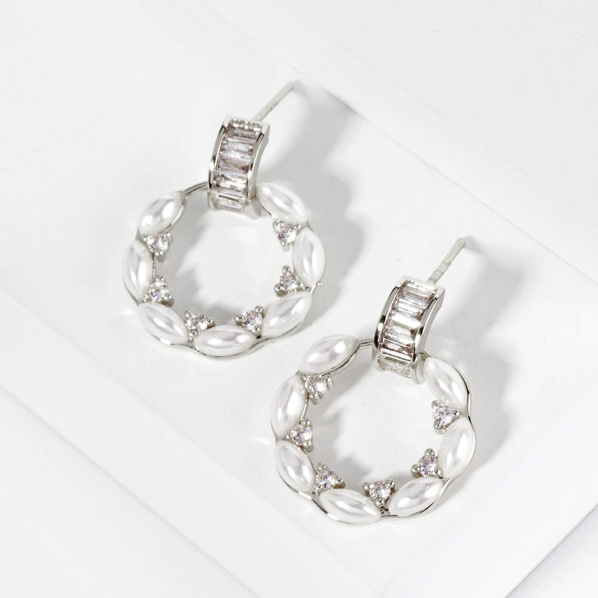18K Gold Dipped CZ Pearl Beaded Circle Drop Post Earrings