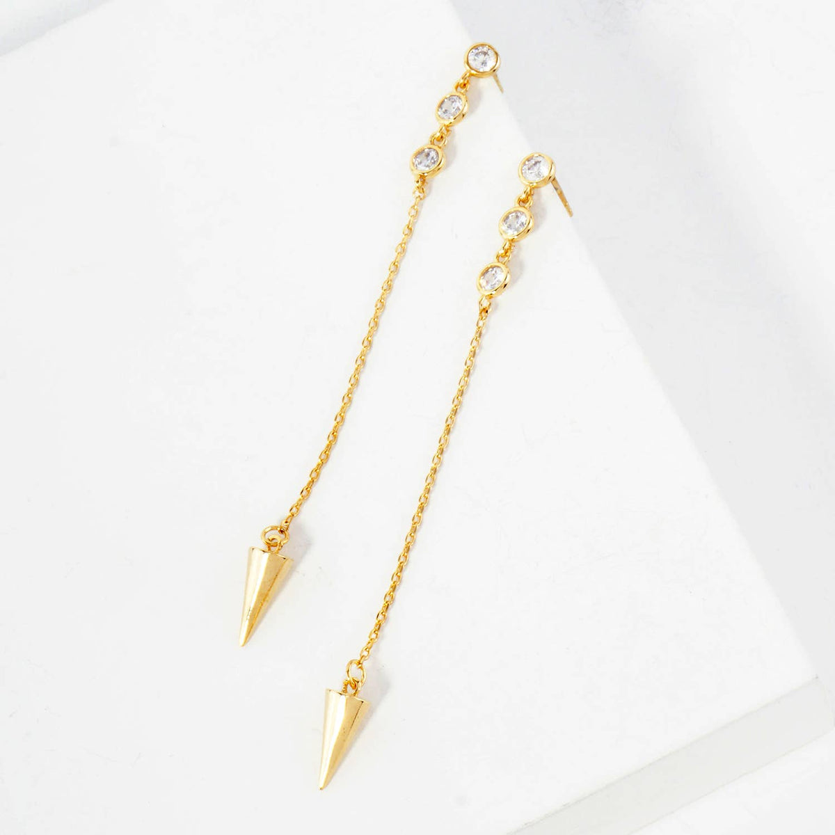 Round CZ Stone Trio with Spike Drop Chain Earrings