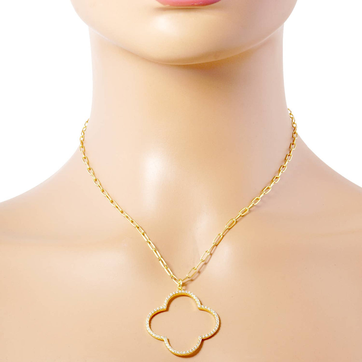 18K Gold Dipped CZ Pave Quatrefoil Pendant Necklace