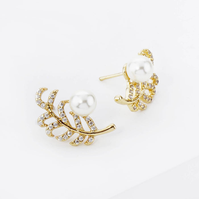 CUBIC ZIRCONIA FEATHER AND PEARL STUD EARRINGS