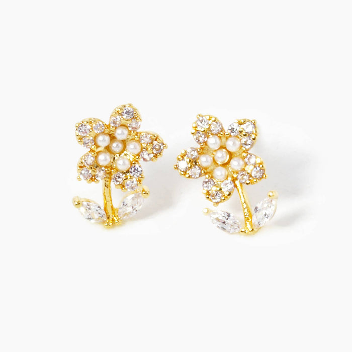 Dainty Pearl & Cubic Zirconia Flower Stud Earrings
