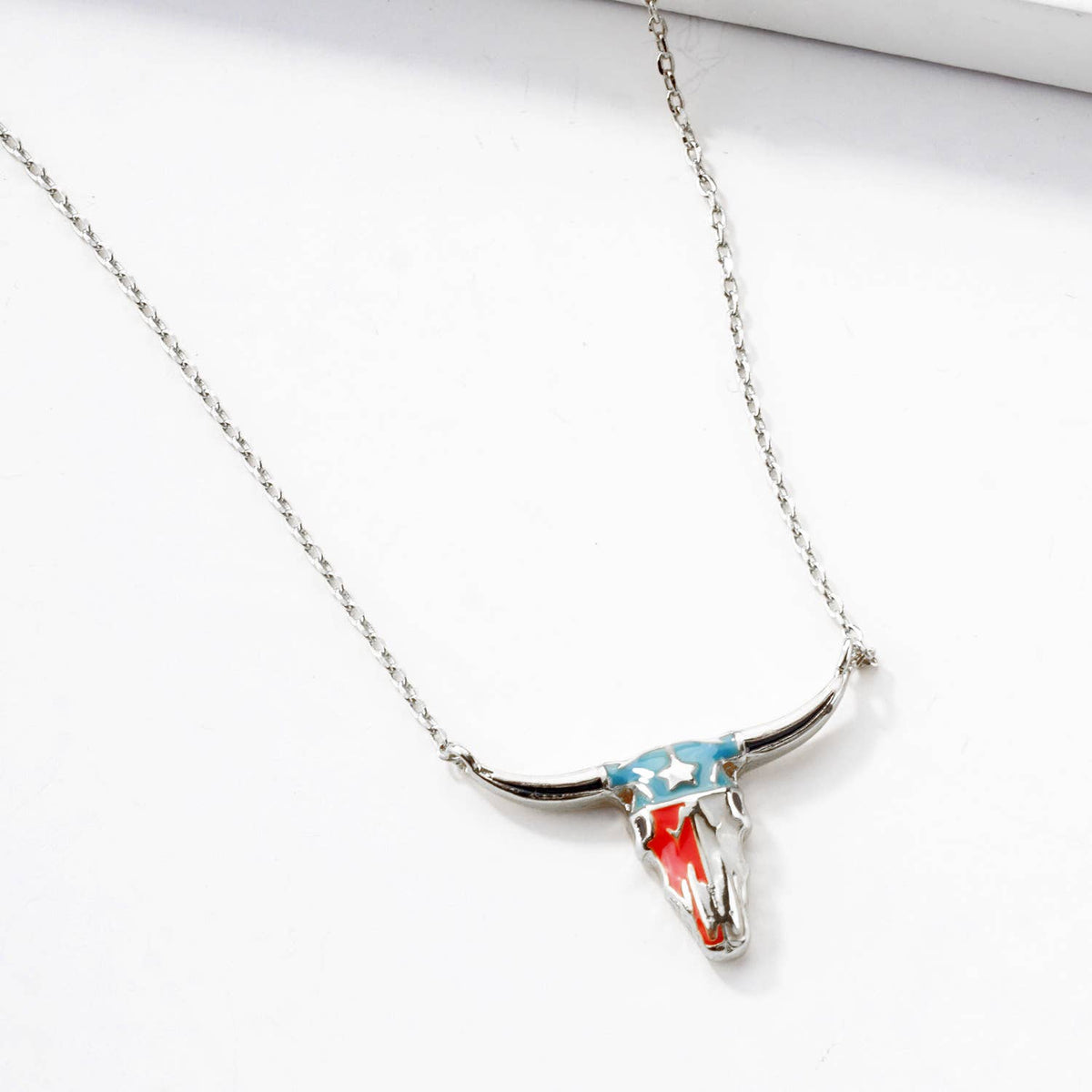 Patriotic Enamel Longhorn Skull Pendant Necklace