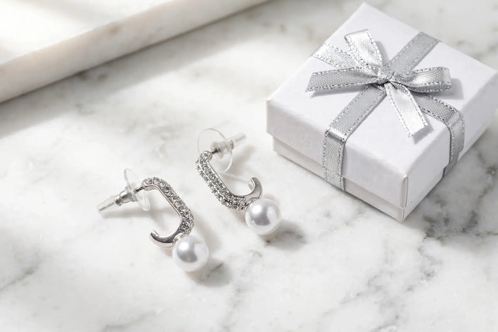 Crystal J-Hook Pearl Drop Earrings – Pavé Curve with Pearl