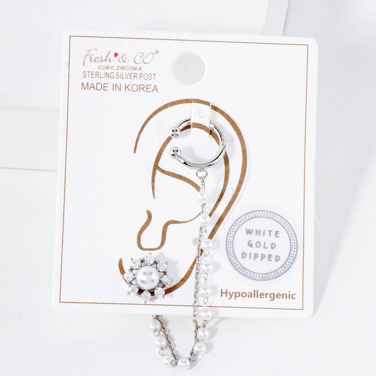 Pave-Set CZ Pearl Flower Stud and Ear Cuff Drape Earring Set