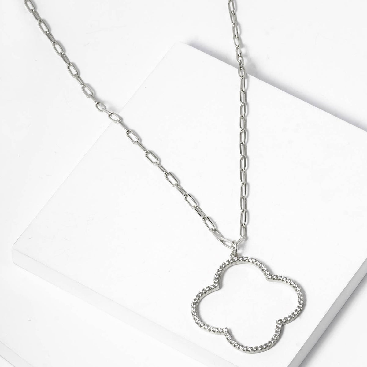 18K Gold Dipped CZ Pave Quatrefoil Pendant Necklace