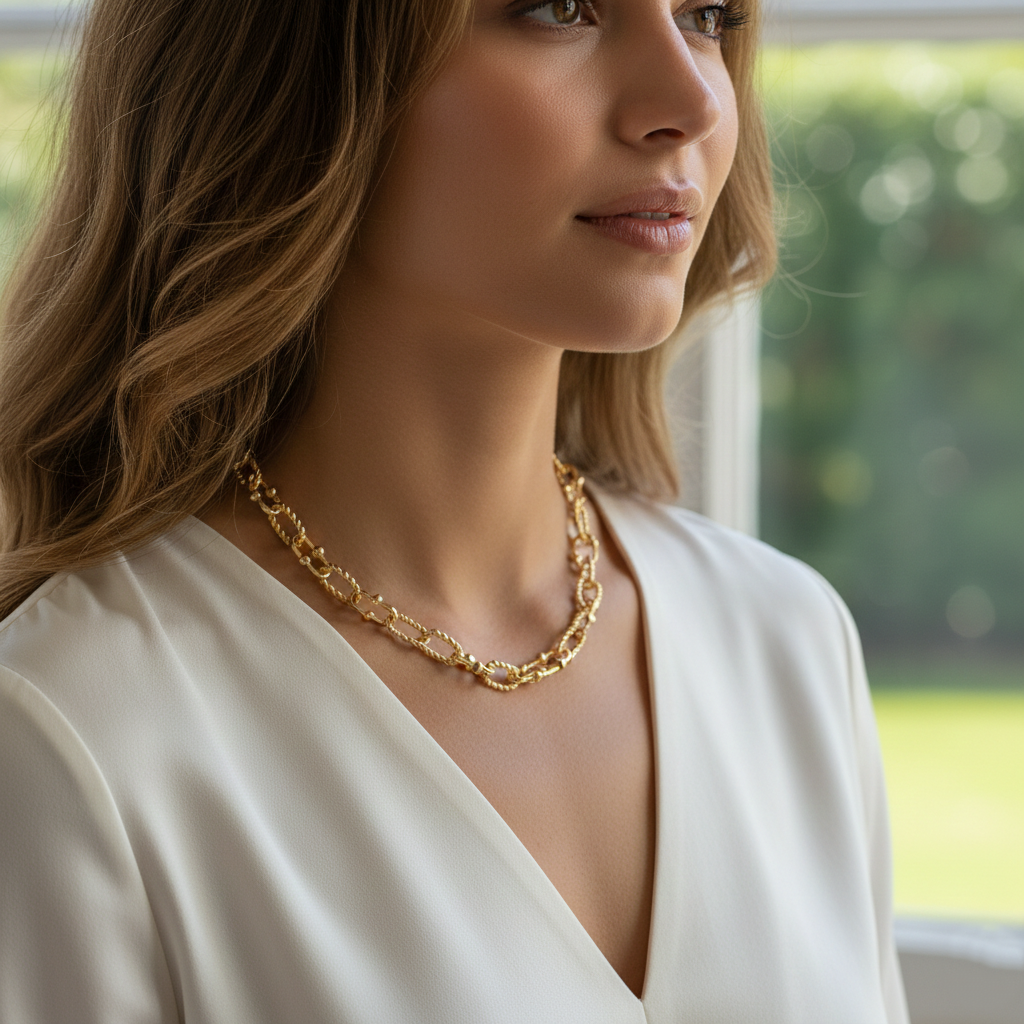 Rope-Texture Polished Brass Chain Necklace