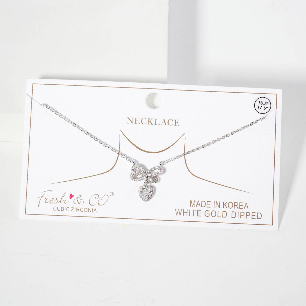 Heart CZ Drop Bow Pendant 18K-Gold-Dipped Brass Necklace