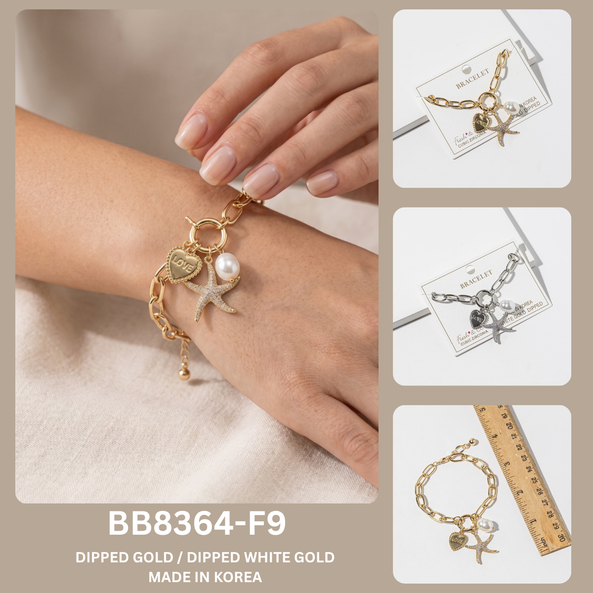 Starfish, Pearl, & "Love" Heart Charm Bracelet