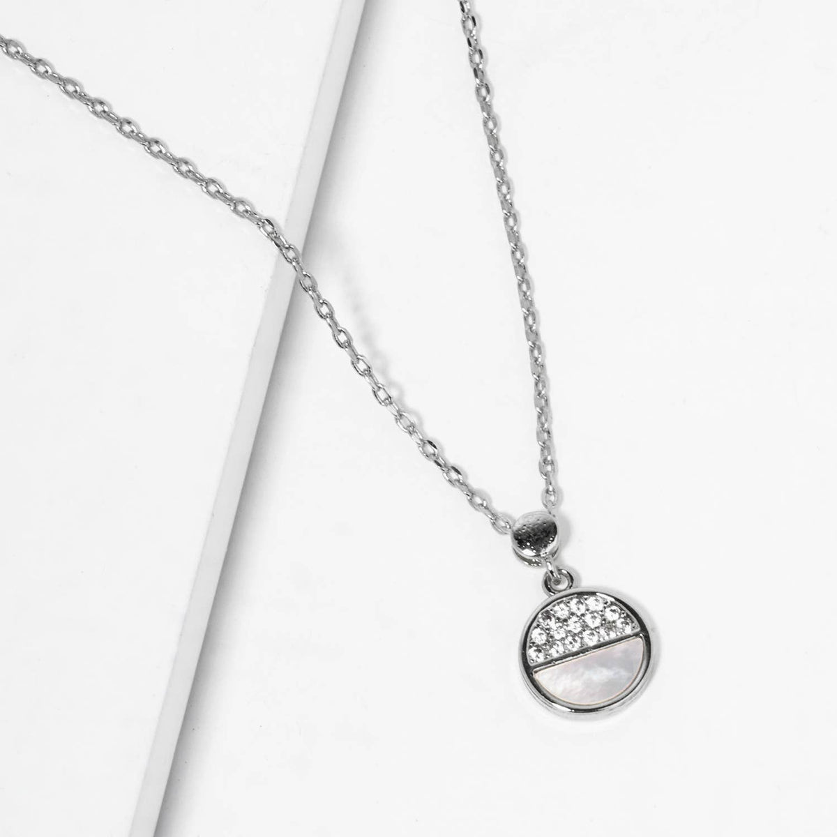 Half-Pave Half-Mother of Pearl Circular Pendant Necklace