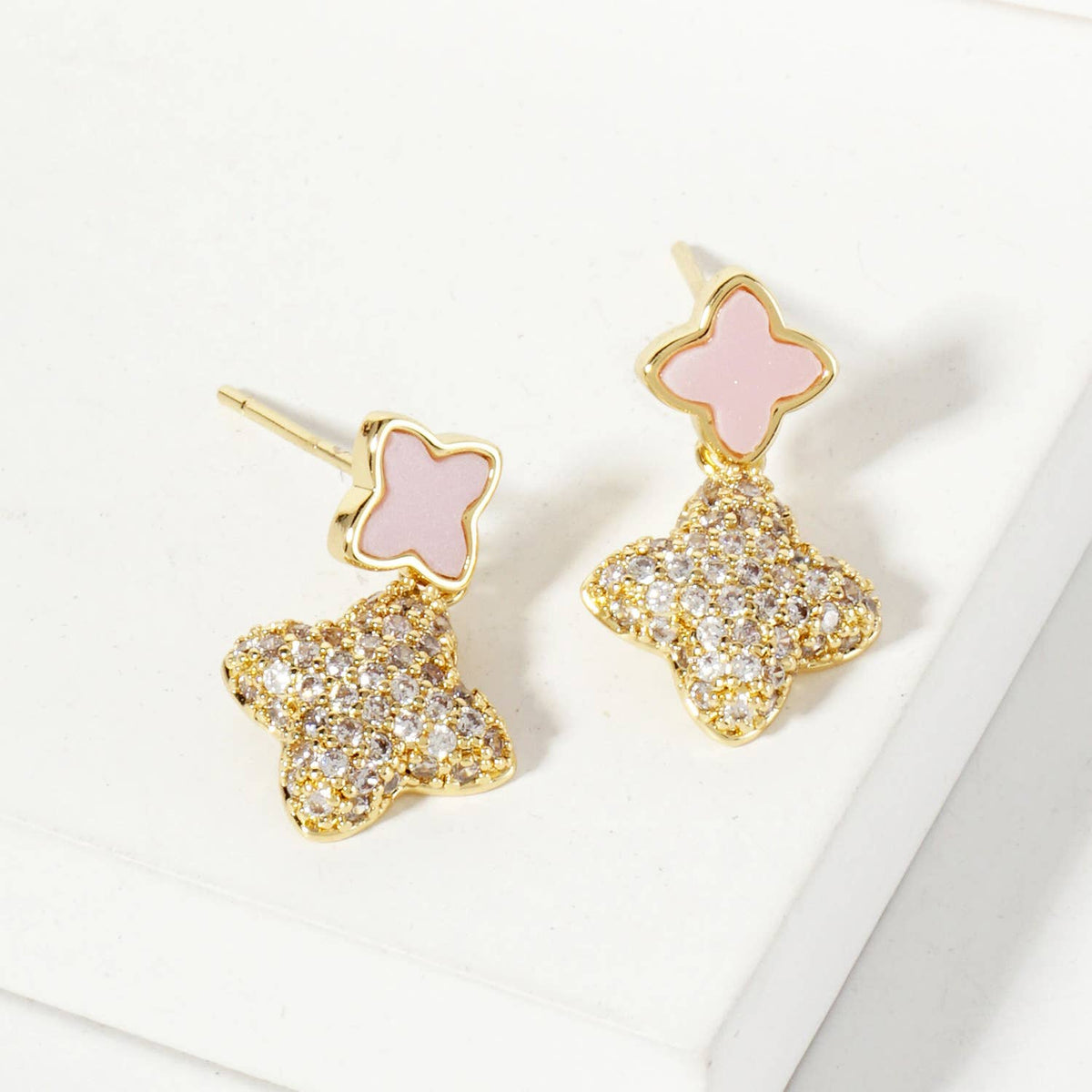 6-10mm Pave-Set Double Quatrefoil Drop Dangle Earrings