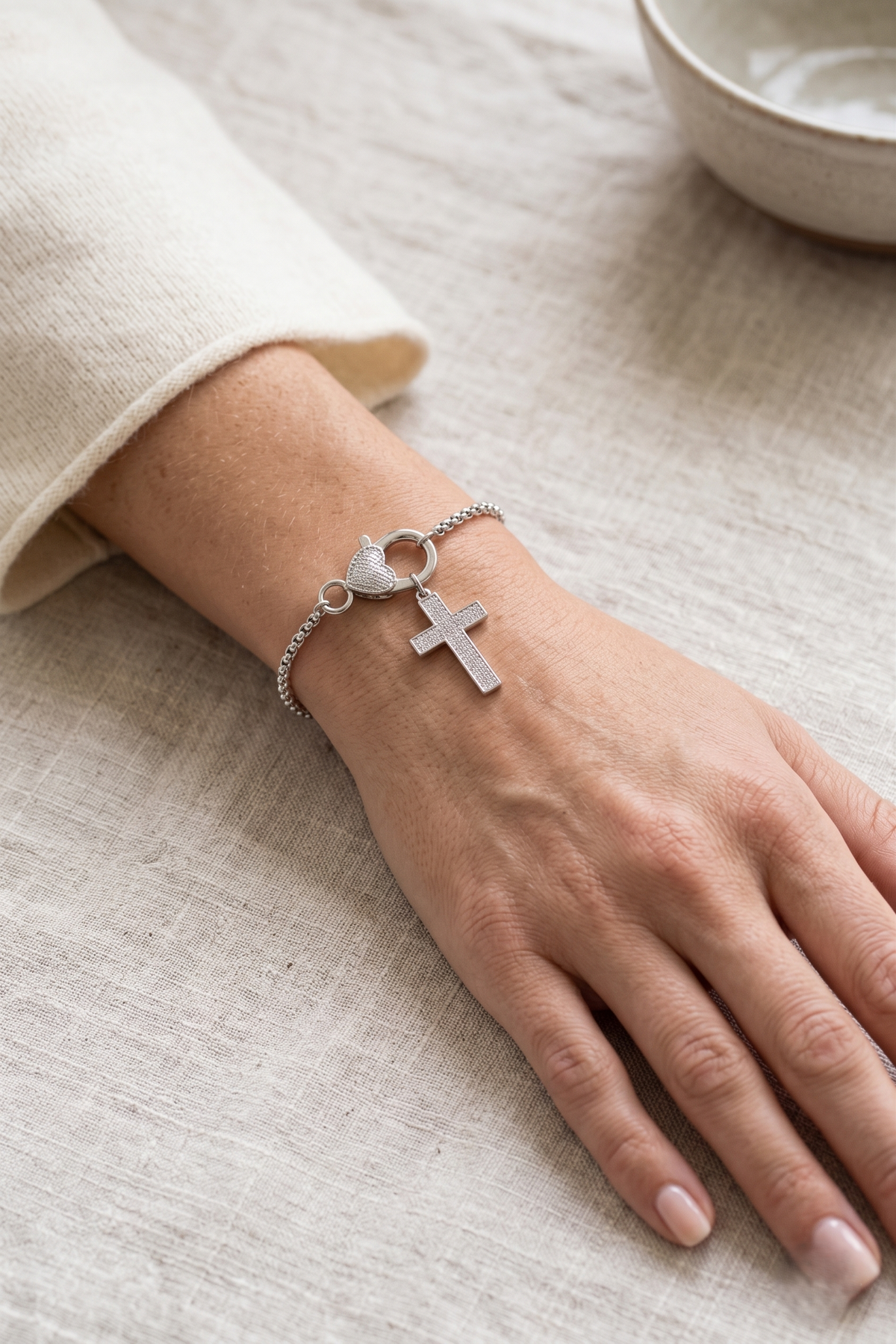 Pavé Cubic Zirconia Cross & Heart Charm Bracelet