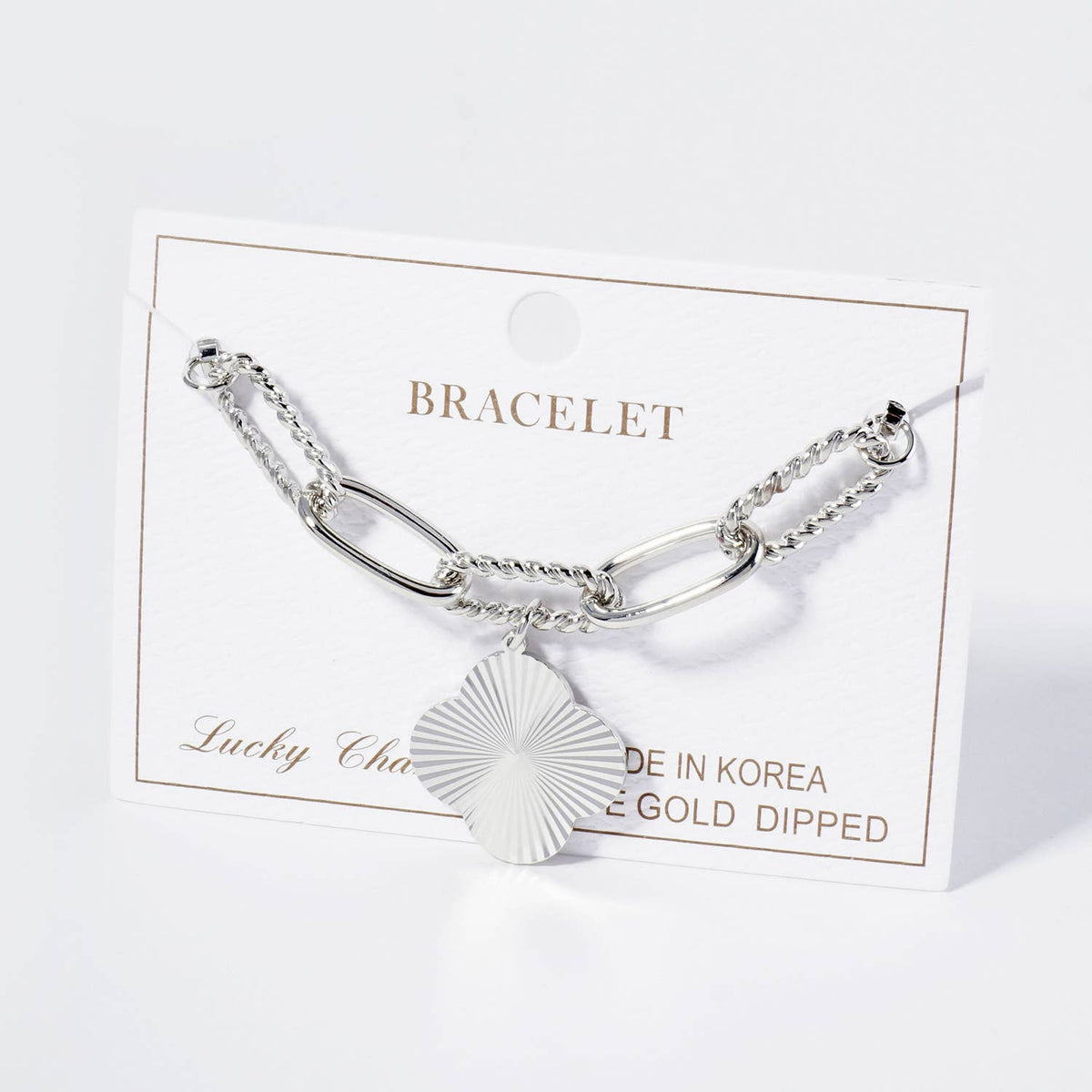 Sunburst Texture Quatrefoil Charm Link Chain Bracelet