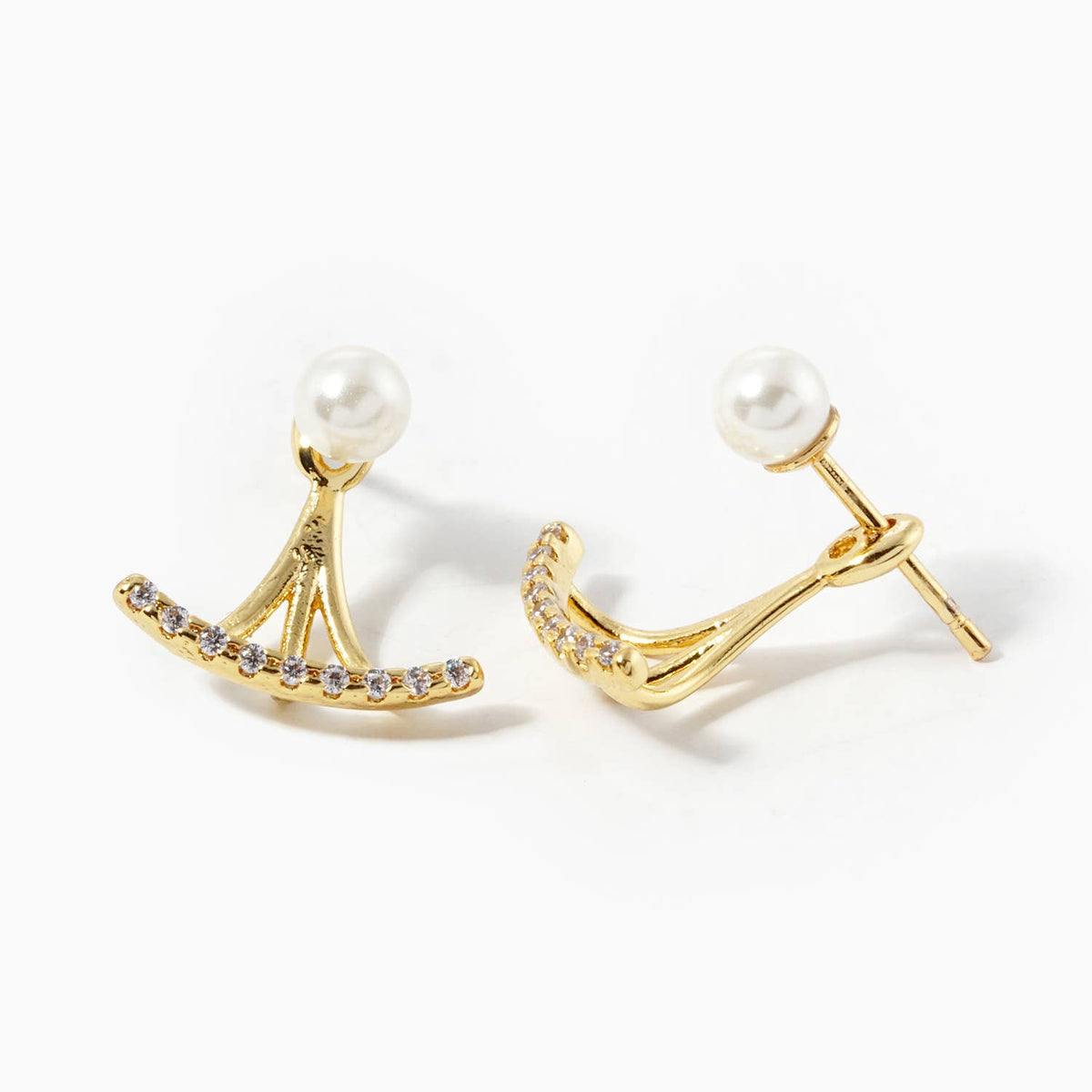 18K Gold Dipped CZ Pave Curved Bar with Pearl Stud Earring