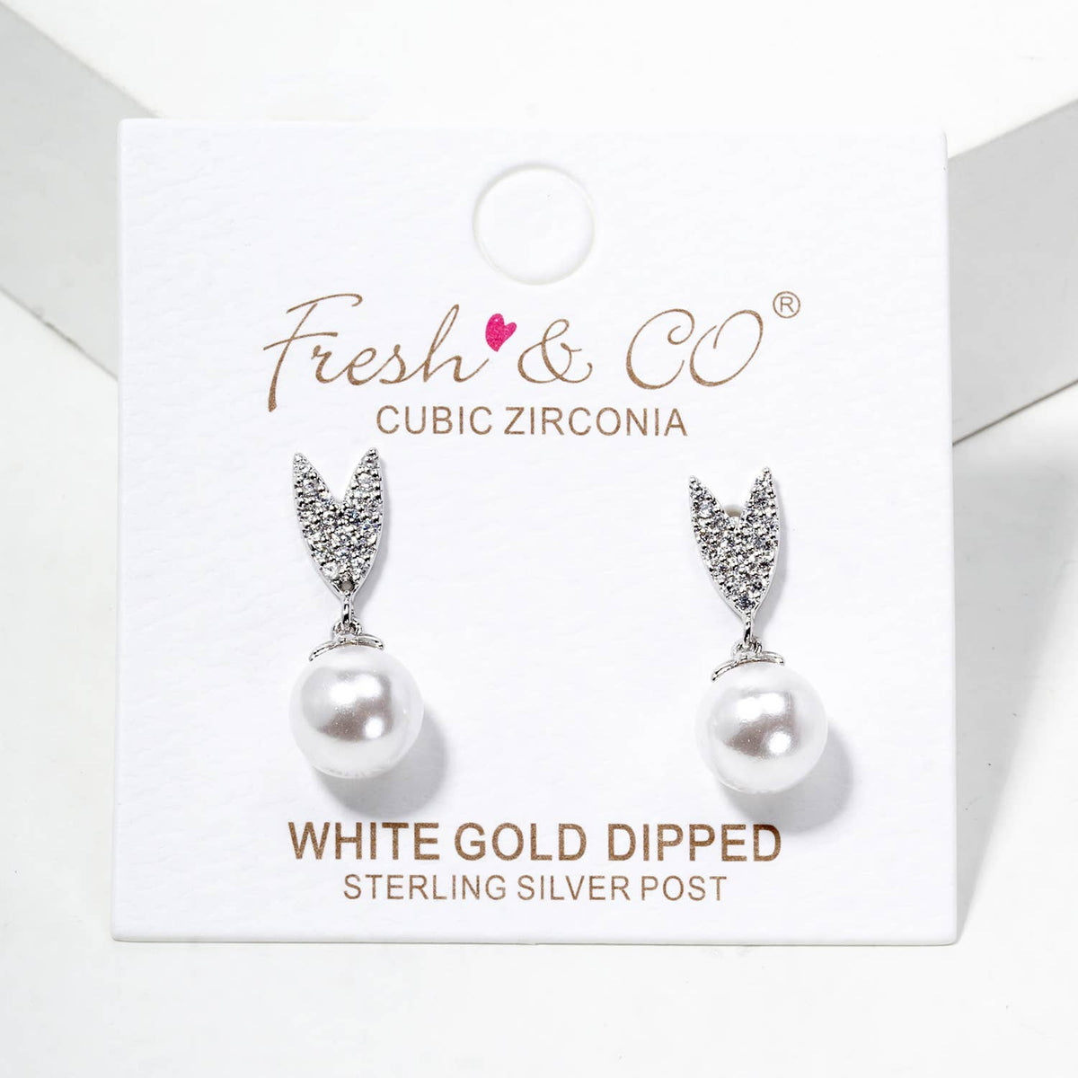 18K Gold Dipped Glass Pearl Drop CZ Pave Heart Post Earrings