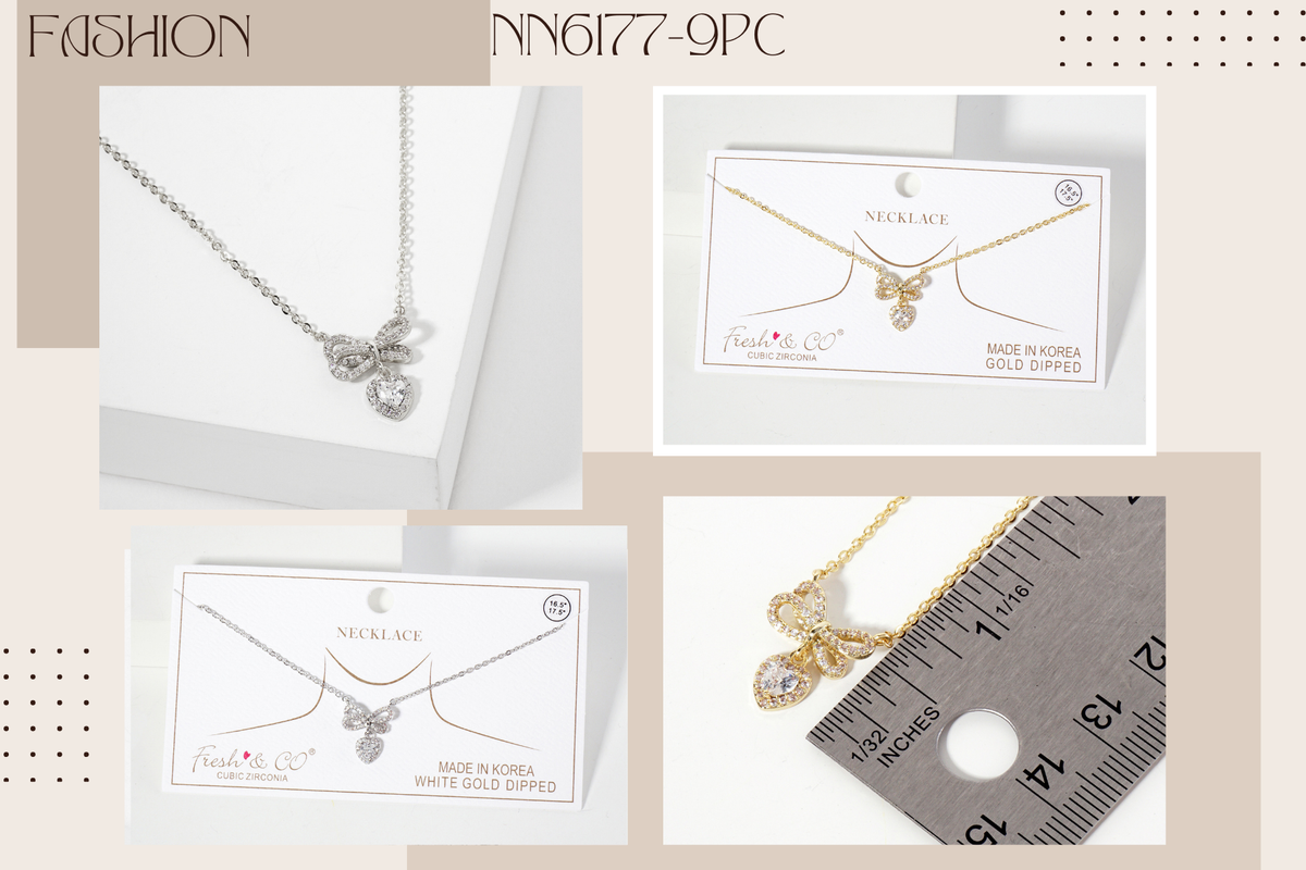 Heart CZ Drop Bow Pendant 18K-Gold-Dipped Brass Necklace