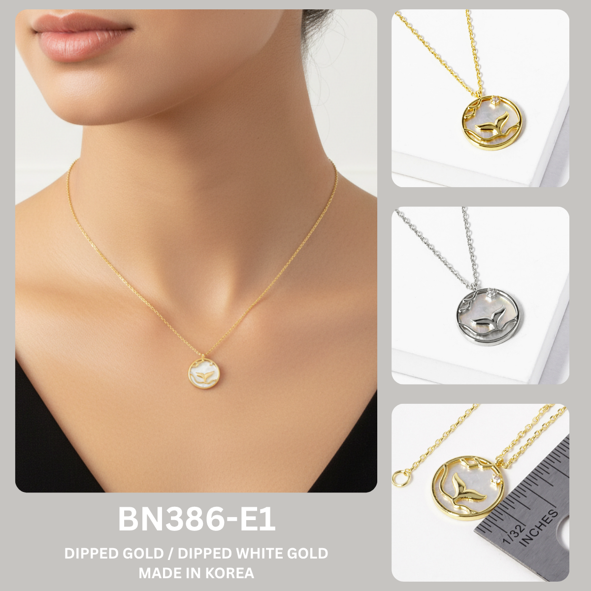 Mother of Pearl Whale Tail Disc Pendant Necklace