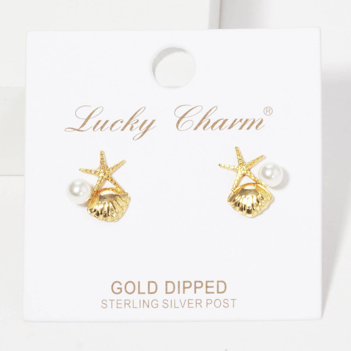 Gold Freshwater Pearl Seashell & Starfish Stud Earrings