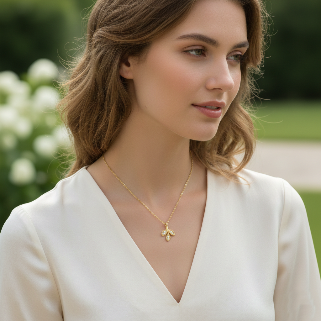 Olive Leaf Triple-Cluster Pendant Necklace