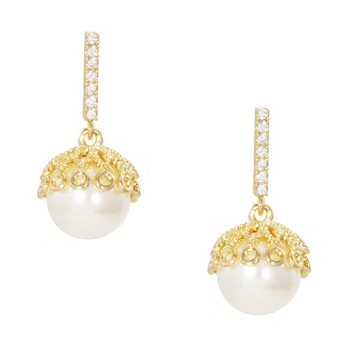 Elegant Pearl & Pavé Bar Bridesmaid Stud Earrings