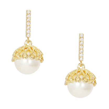 Elegant Pearl & Pavé Bar Bridesmaid Stud Earrings