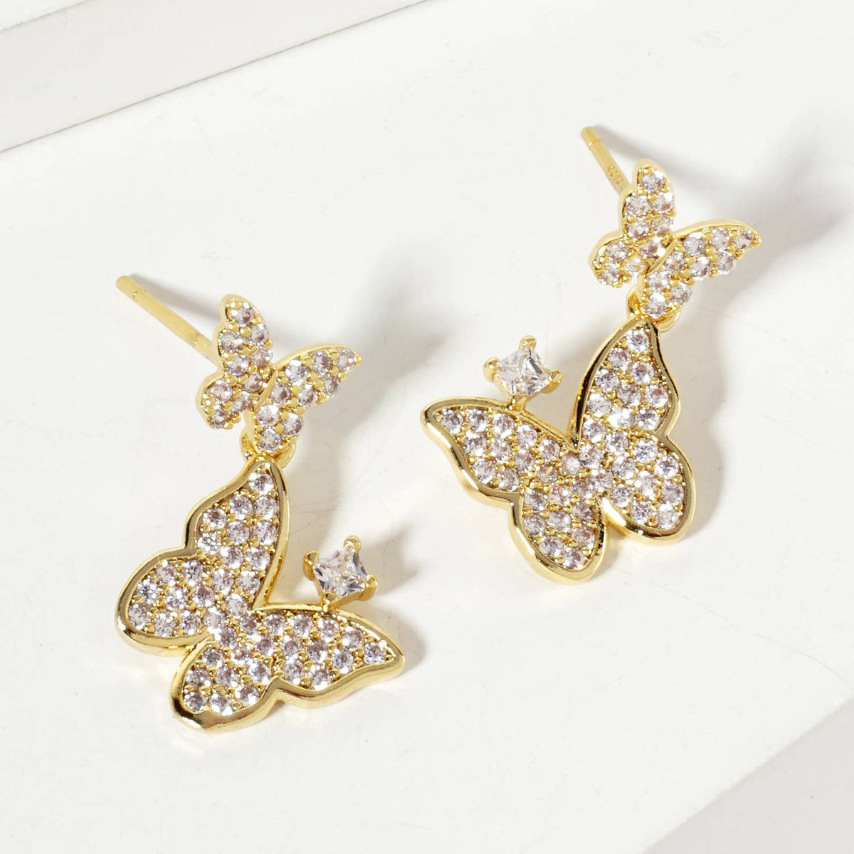 Pave-Set Double Butterfly Drop 18K-Gold-Dipped Post Earrings