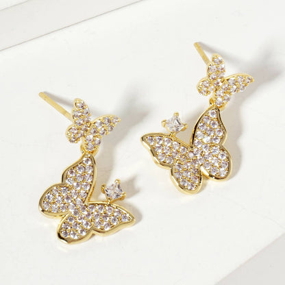 Pave-Set Double Butterfly Drop 18K-Gold-Dipped Post Earrings