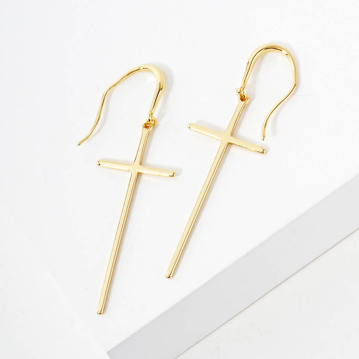 Polished Cross Drop 18K-Gold-Dipped Brass Earrings