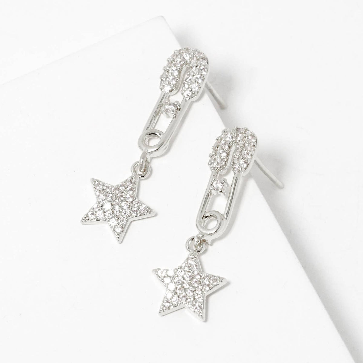 Dainty Pavé Star & Safety Pin Drop Earrings