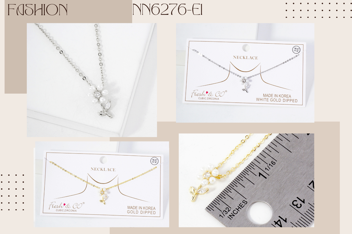 Botanical-Theme CZ Pearl Flower Pendant Necklace