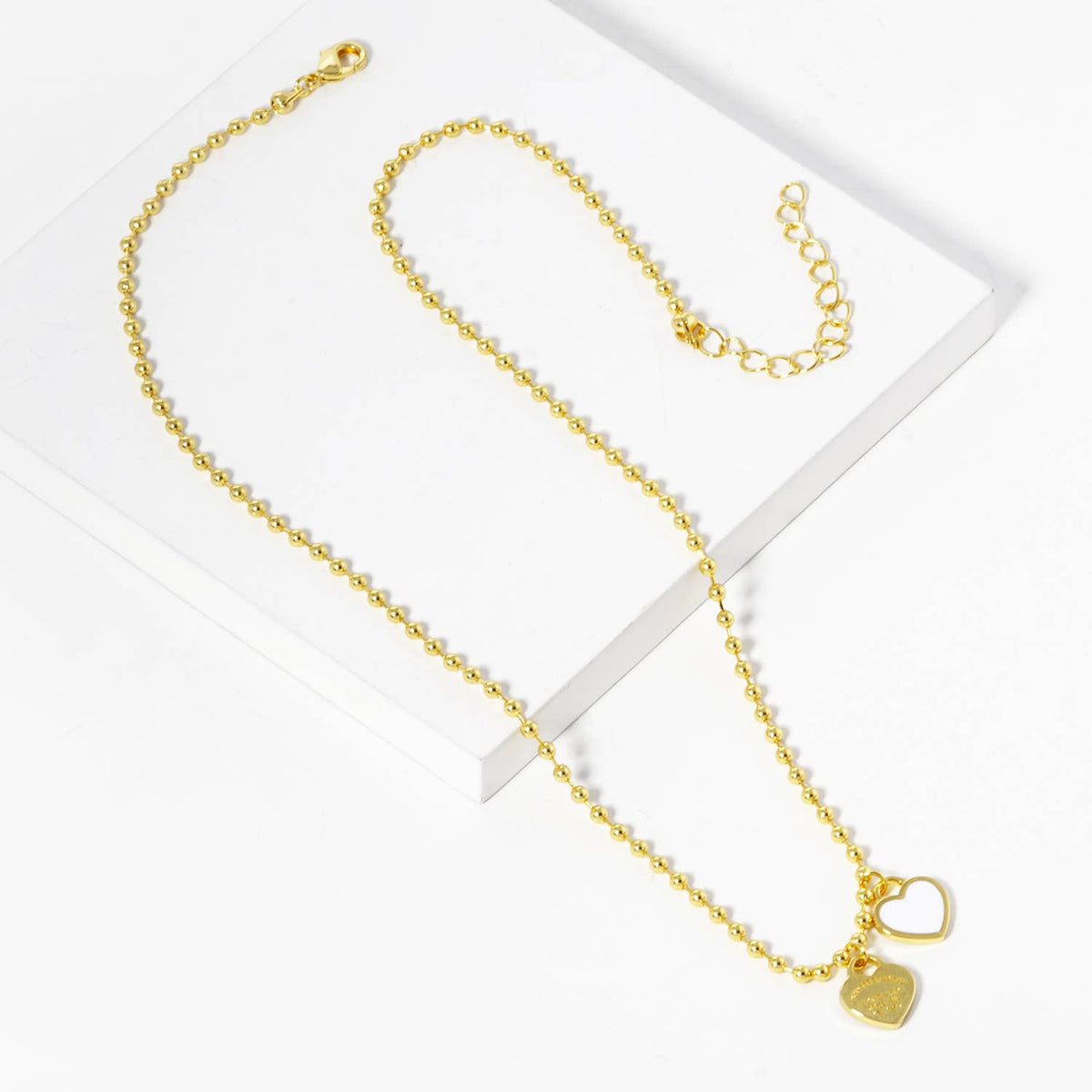 Double Heart Charm Bead Chain Necklace