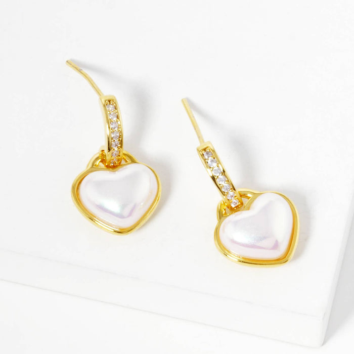 Dainty Pave Cubic Zirconia Heart Pearl Charm Huggie Hoop